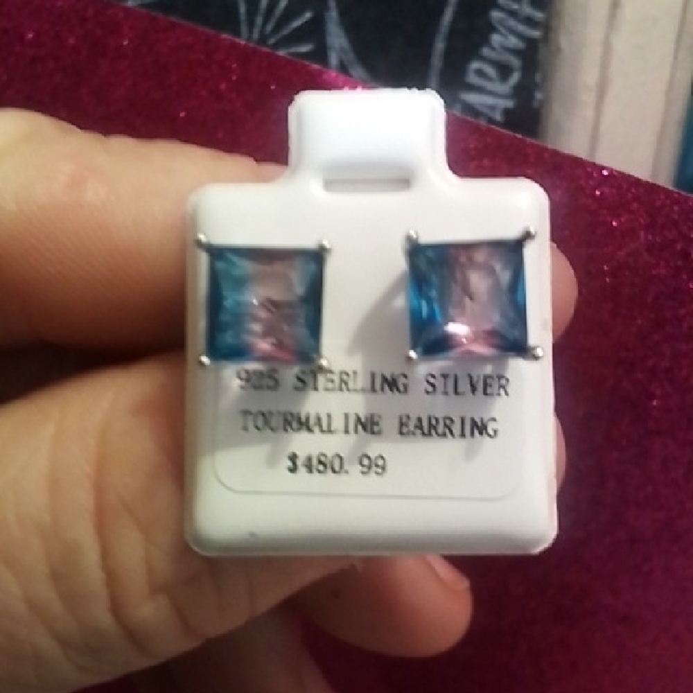 Sterling Silver Blue-Pink Tourmaline Square Stud Earrings